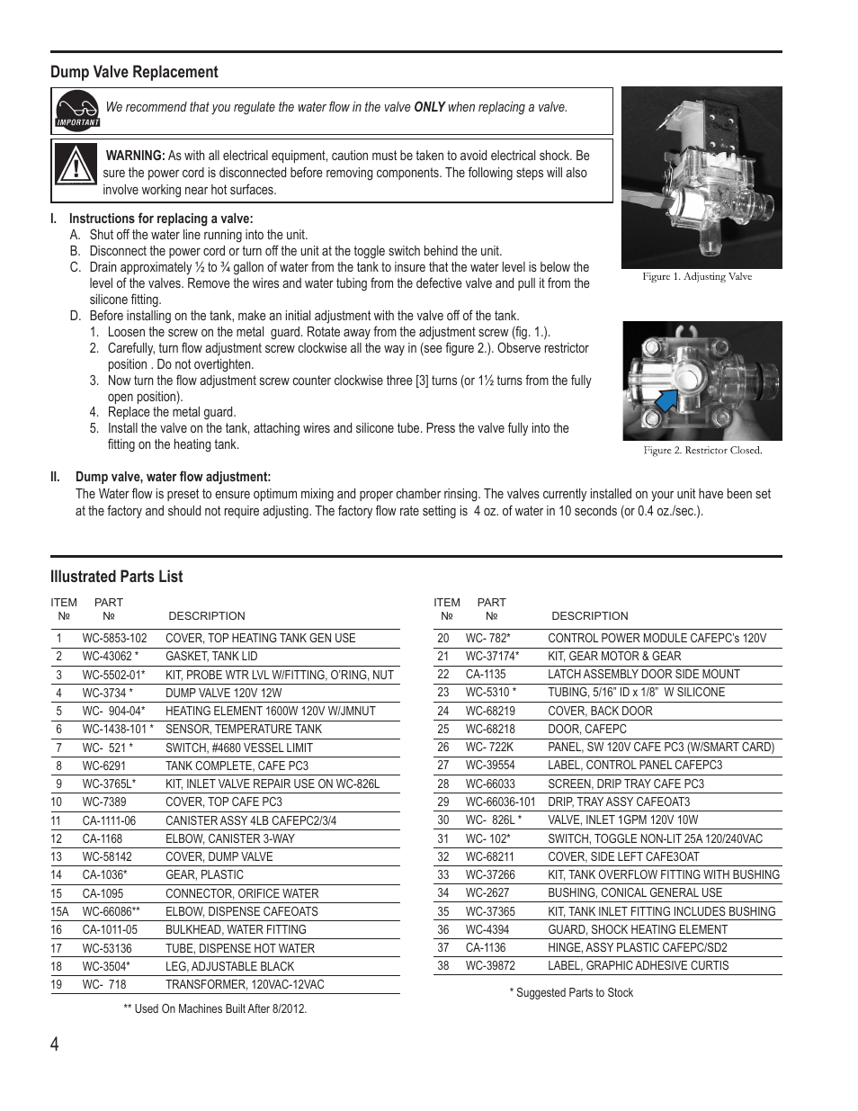 Dump valve replacement, Illustrated parts list | Wilbur Curtis CAFEOAT3 User Manual | Page 4 / 8