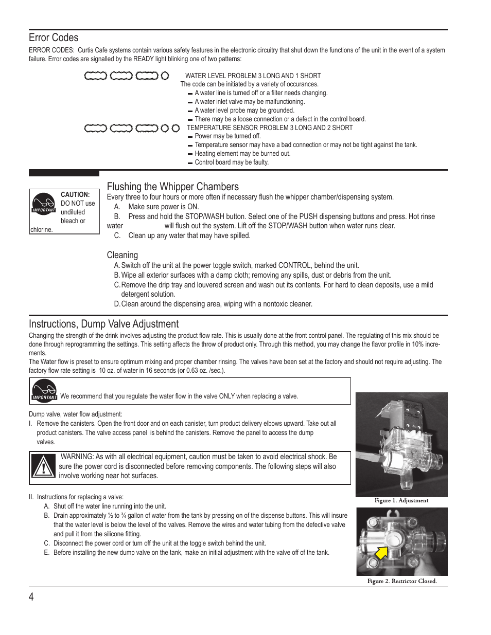 Instructions, dump valve adjustment, Error codes, Flushing the whipper chambers | Wilbur Curtis SD2 User Manual | Page 4 / 8