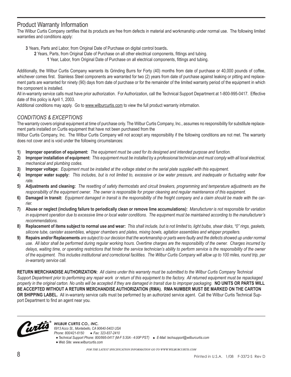 8product warranty information | Wilbur Curtis SD2 User Manual | Page 8 / 8
