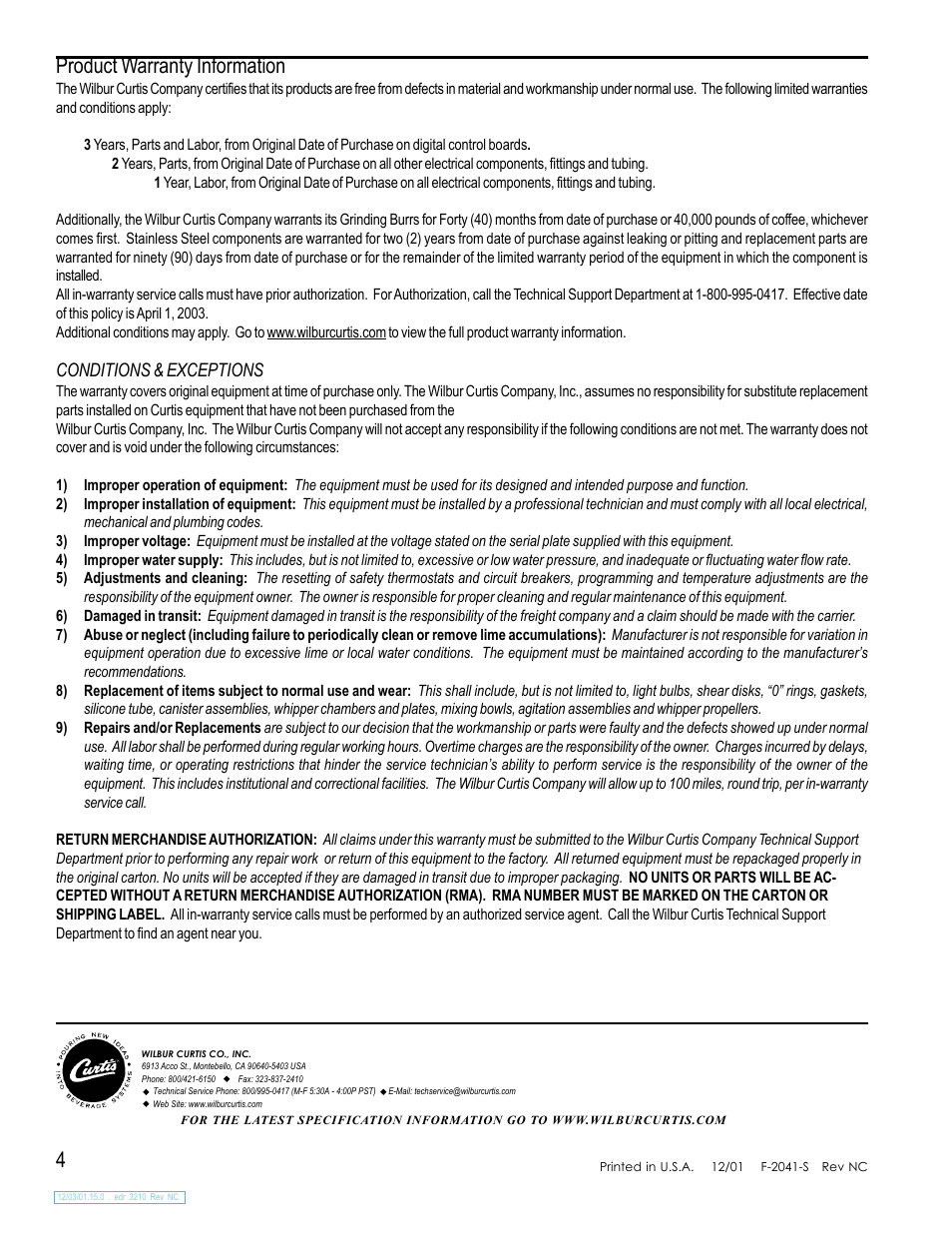 Product warranty information | Wilbur Curtis GSG-3RED User Manual | Page 4 / 4