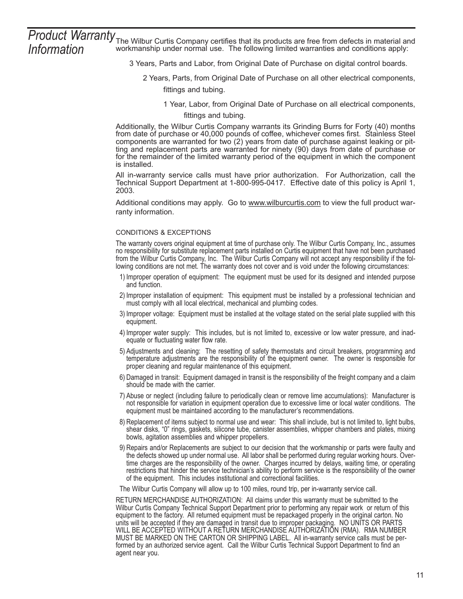 Product warranty information | Wilbur Curtis TL-ILGD User Manual | Page 11 / 12