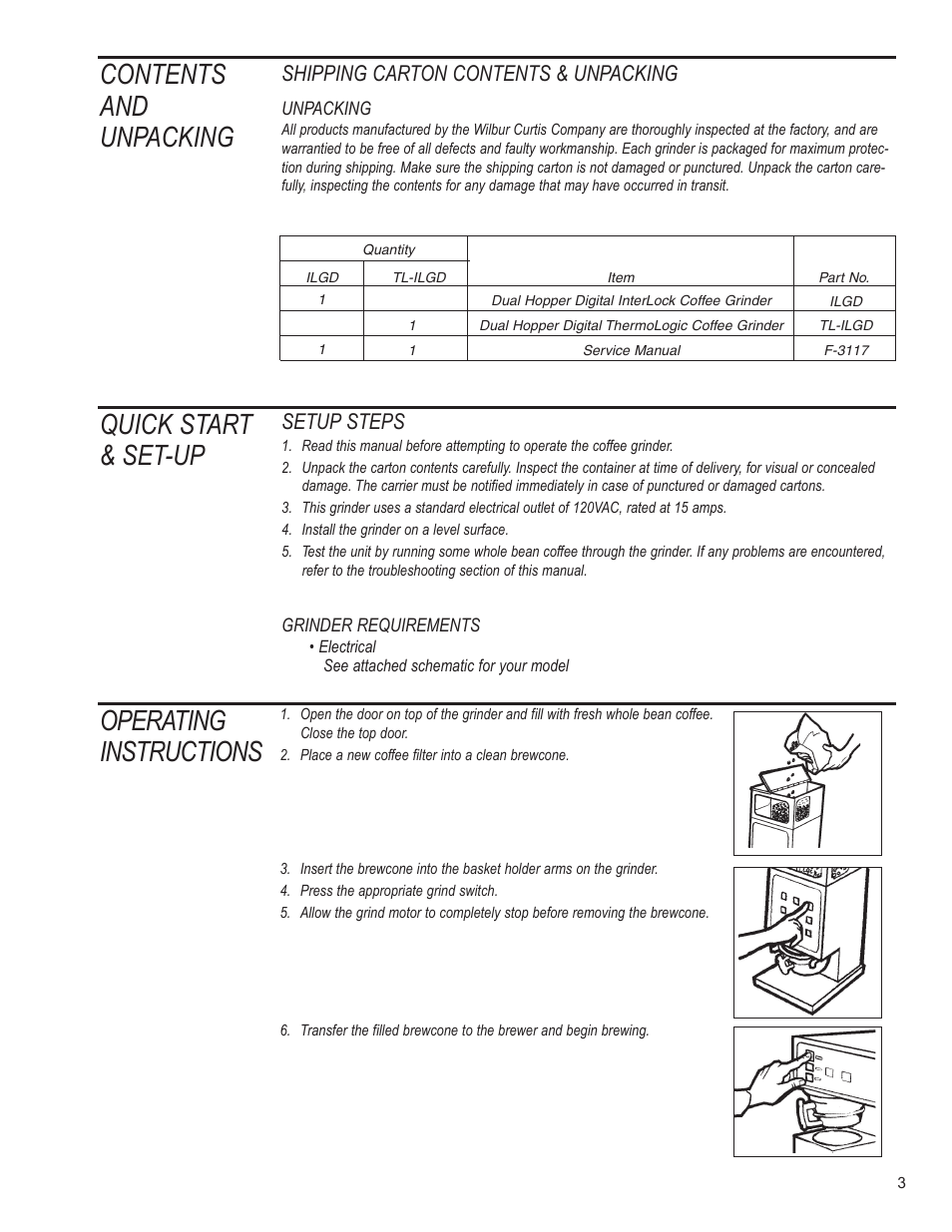 Contents and unpacking, Quick start & set-up operating instructions, Shipping carton contents & unpacking | Setup steps | Wilbur Curtis TL-ILGD User Manual | Page 3 / 12