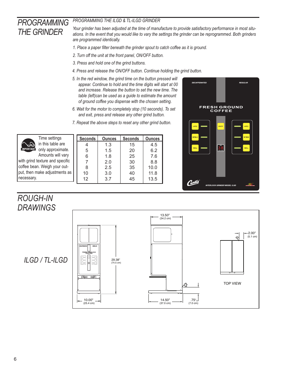 Programming the grinder, Rough-in drawings, Ilgd / tl-ilgd | Wilbur Curtis TL-ILGD User Manual | Page 6 / 12