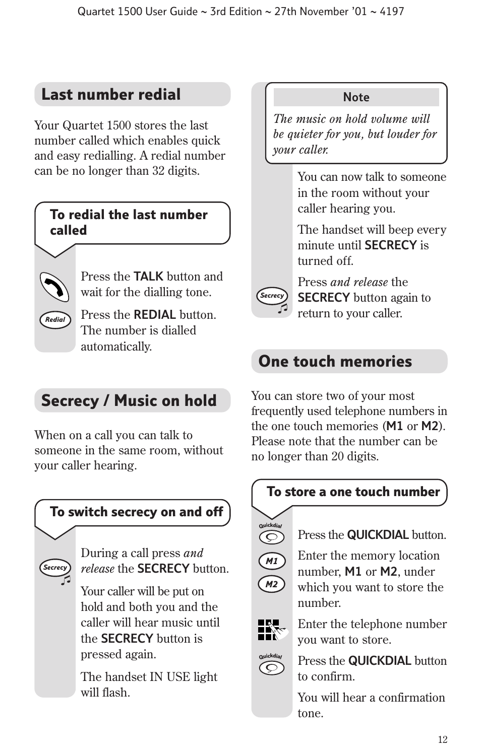 Secrecy / music on hold, Last number redial | BT 1500 User Manual | Page 15 / 51