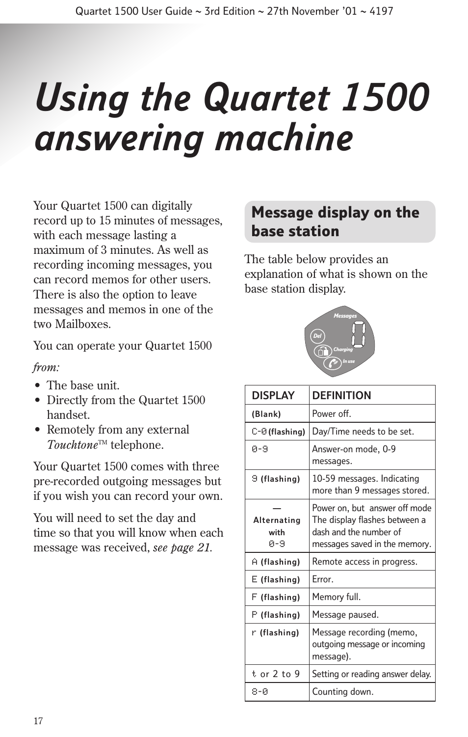 Using the quartet 1500 answering machine, Message display on the base station | BT 1500 User Manual | Page 20 / 51