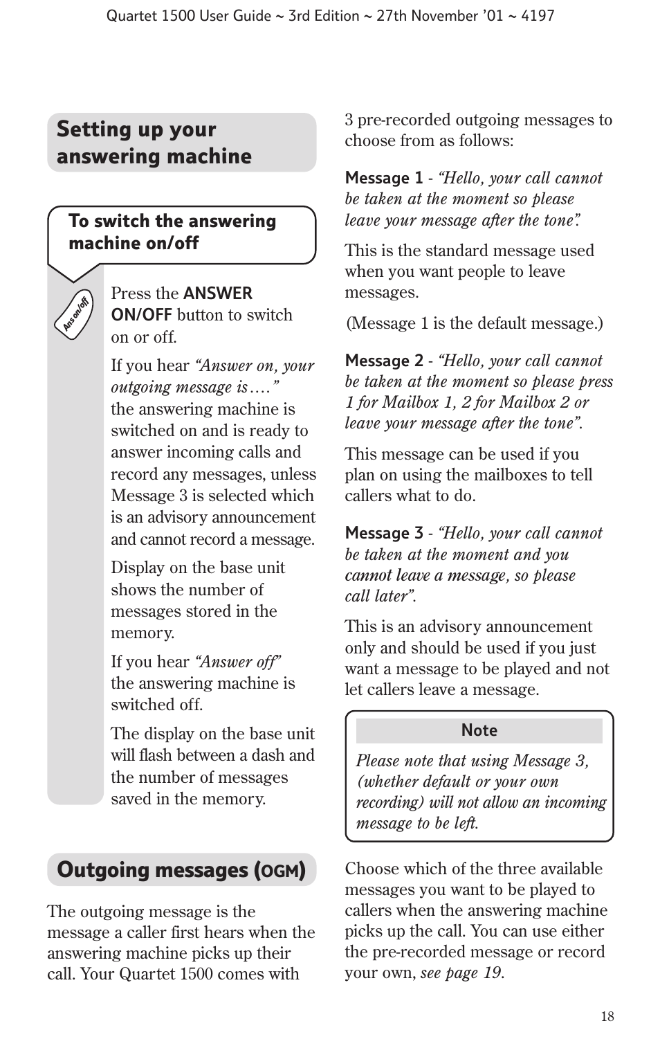 Outgoing messages, Setting up your answering machine | BT 1500 User Manual | Page 21 / 51