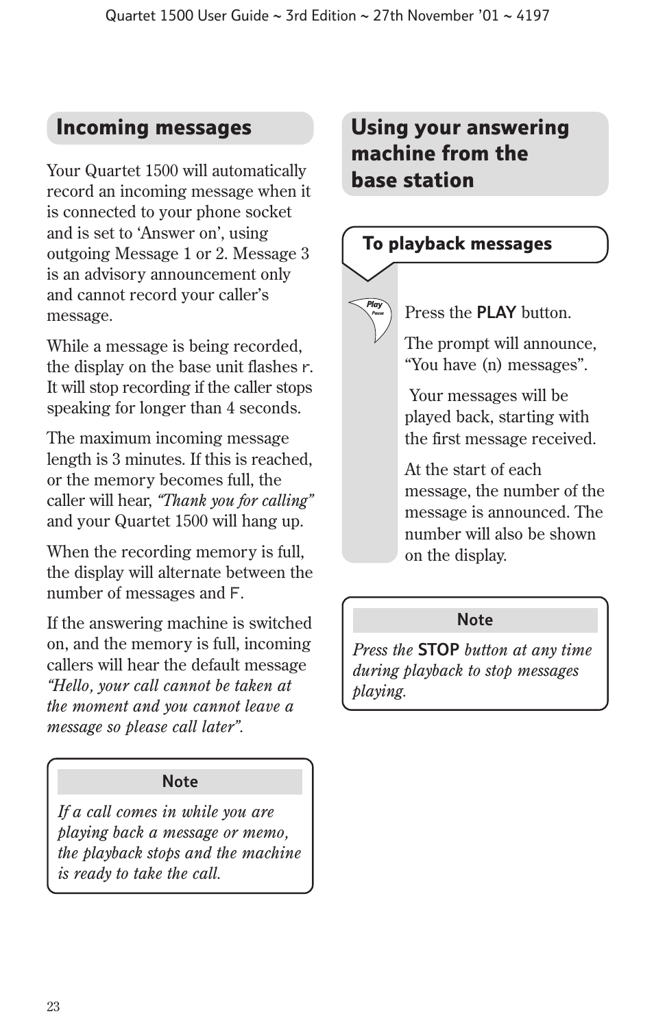 Using your answering machine from the base station, Incoming messages | BT 1500 User Manual | Page 26 / 51