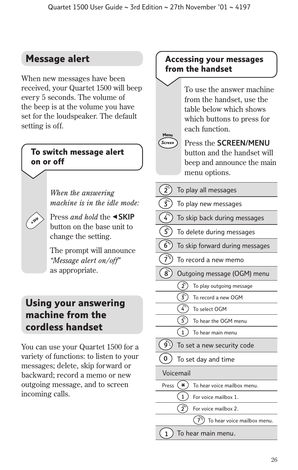 Message alert, Accessing your messages from the handset | BT 1500 User Manual | Page 29 / 51