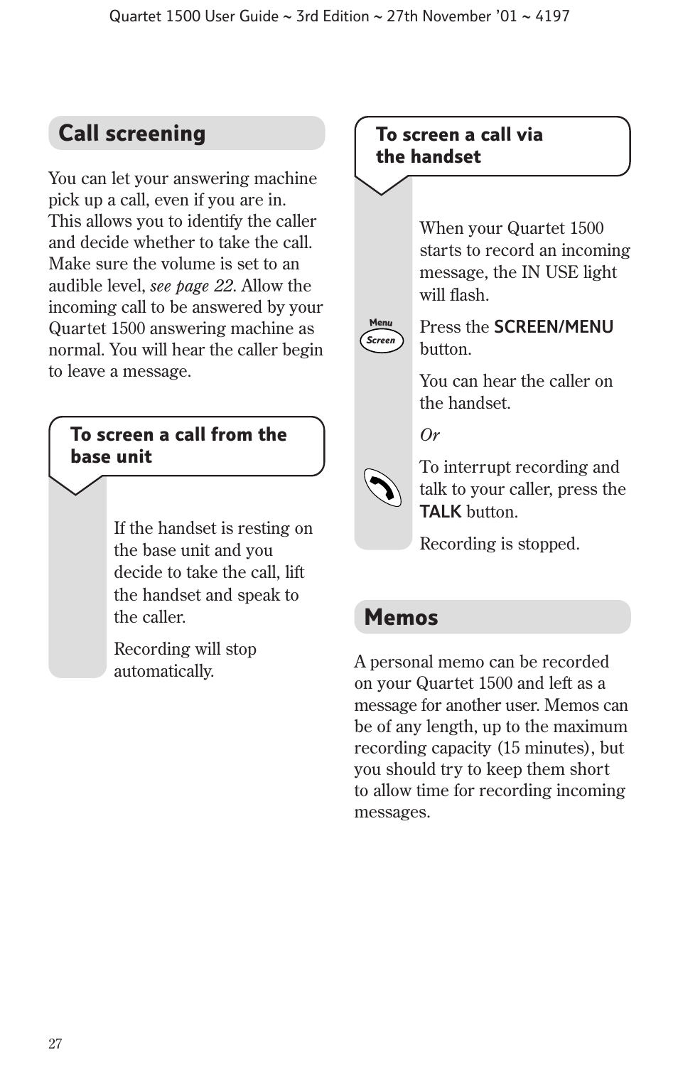 Call screening | BT 1500 User Manual | Page 30 / 51