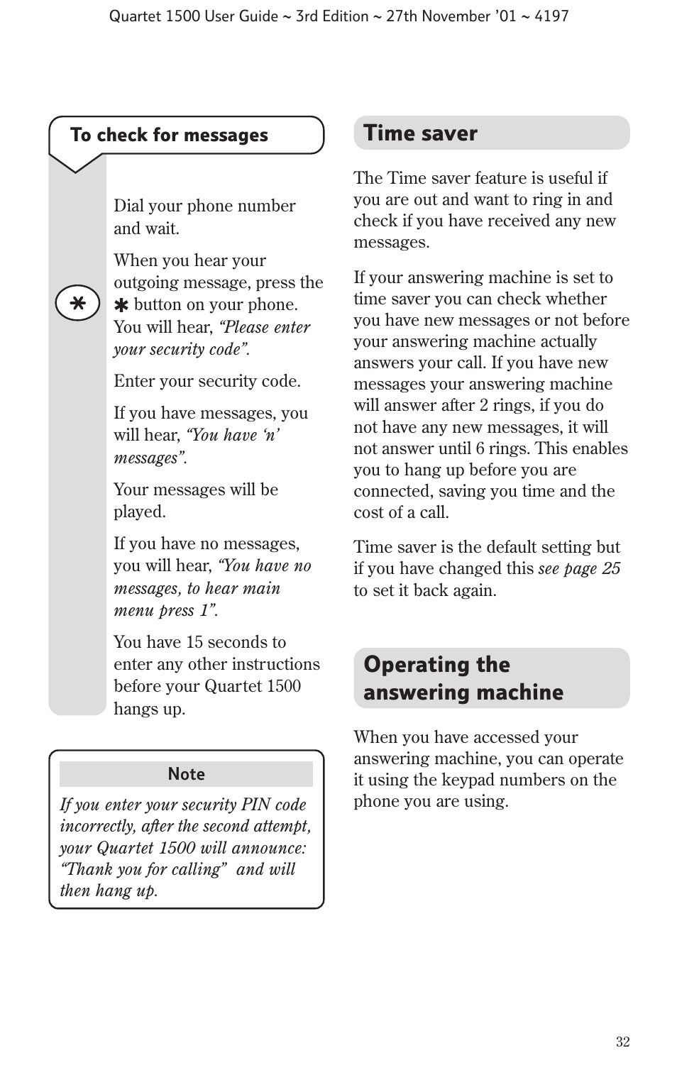 Operating the answering machine, Time saver | BT 1500 User Manual | Page 35 / 51
