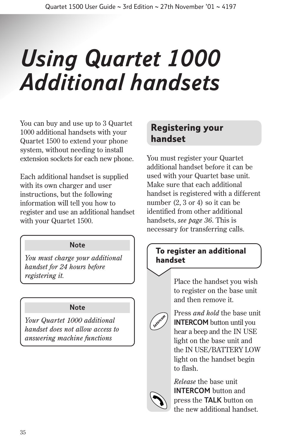 Using quartet 1000 additional handsets, Registering your handset | BT 1500 User Manual | Page 38 / 51