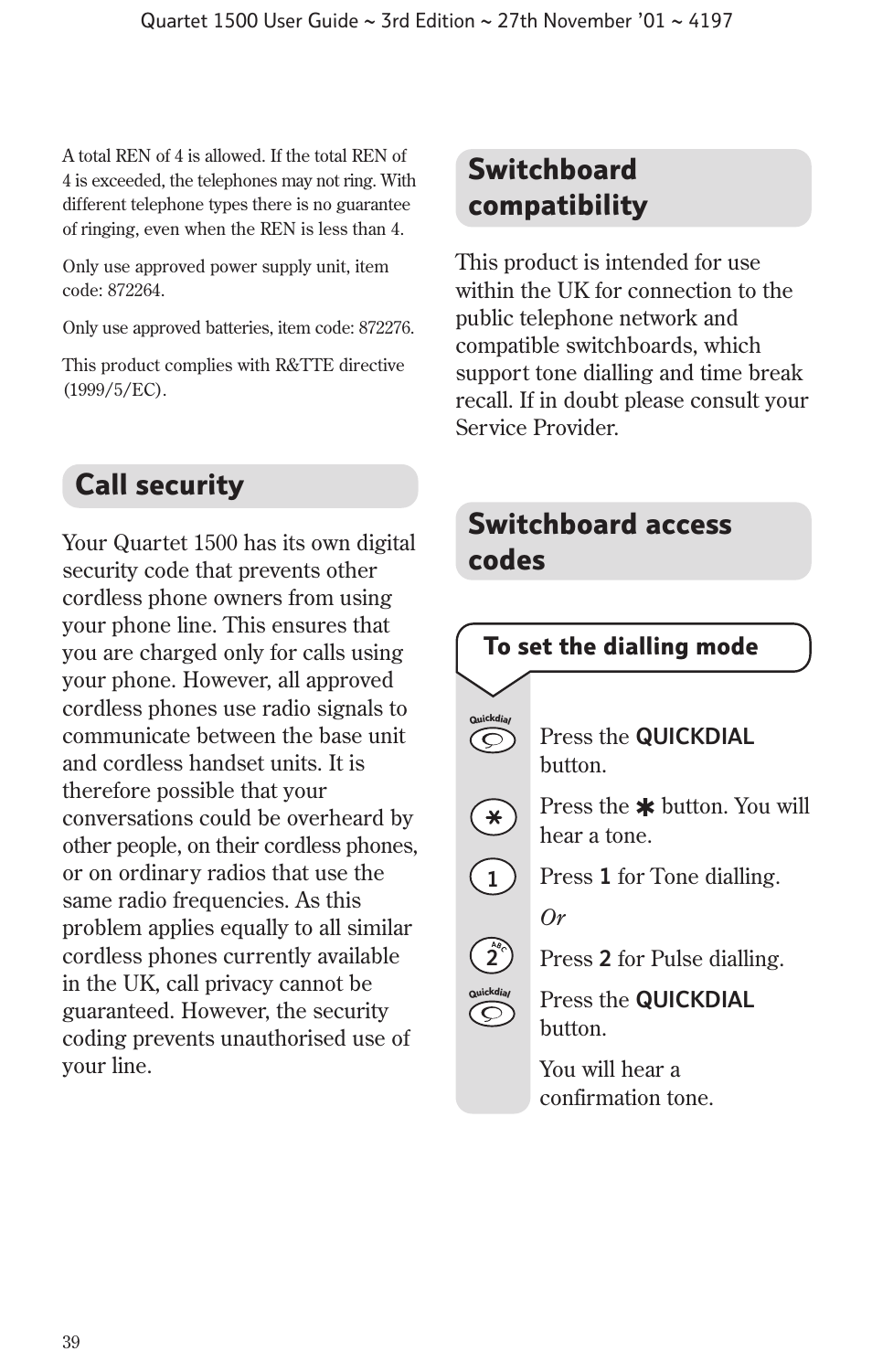 Switchboard compatibility, Call security, Switchboard access codes | BT 1500 User Manual | Page 42 / 51