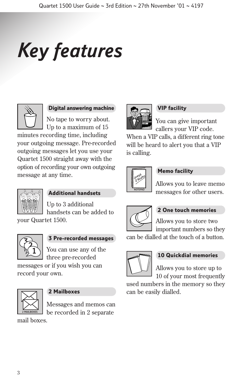 Key features, Digital answering machine, Additional handsets | 3 pre-recorded messages, 2 mailboxes | BT 1500 User Manual | Page 6 / 51