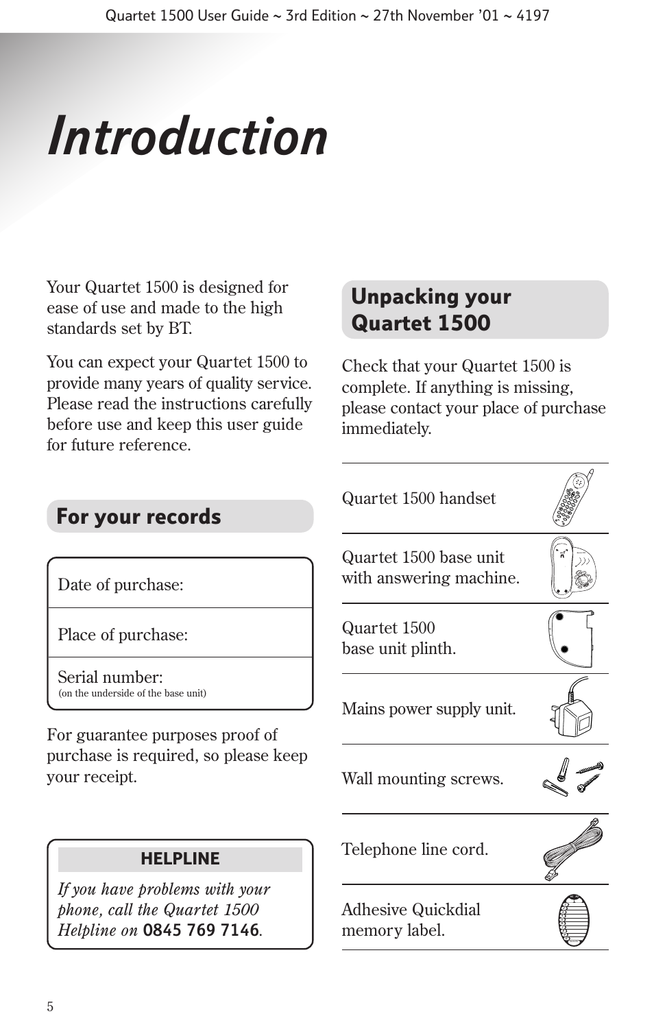 Introduction, For your records, Unpacking your quartet 1500 | BT 1500 User Manual | Page 8 / 51
