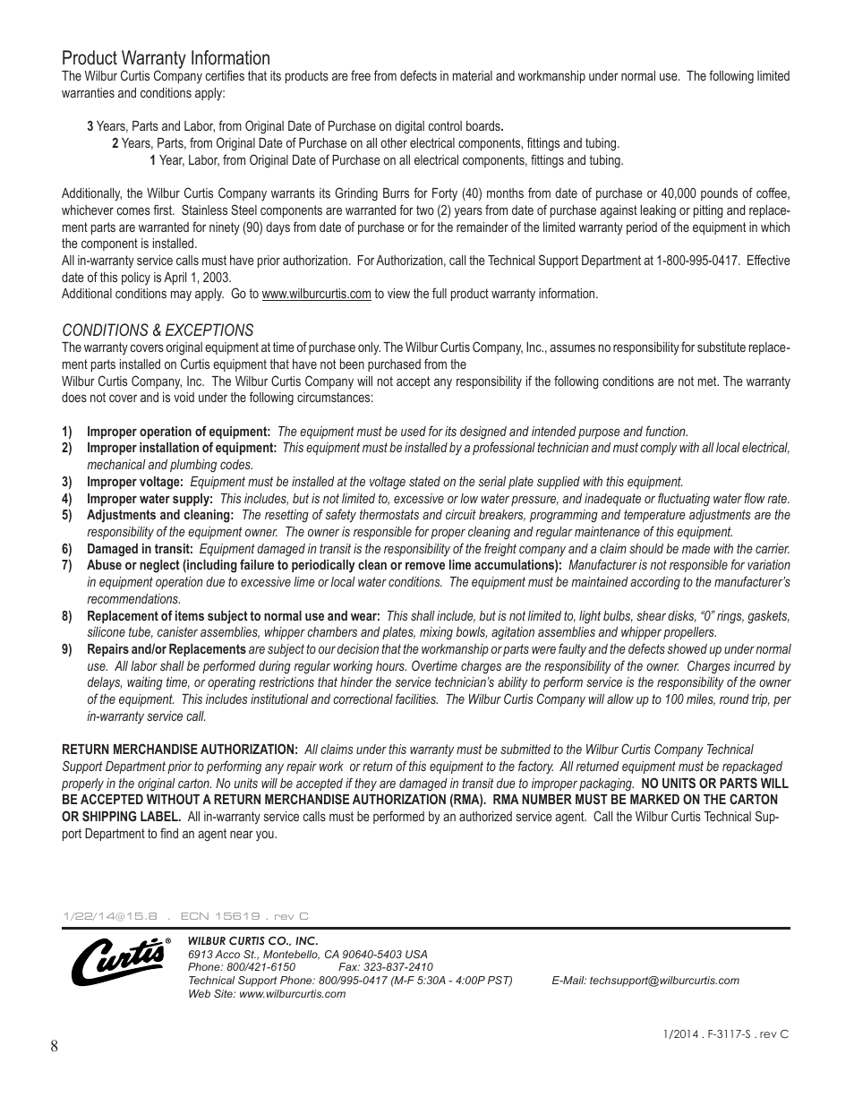 Product warranty information | Wilbur Curtis ILGD User Manual | Page 8 / 8