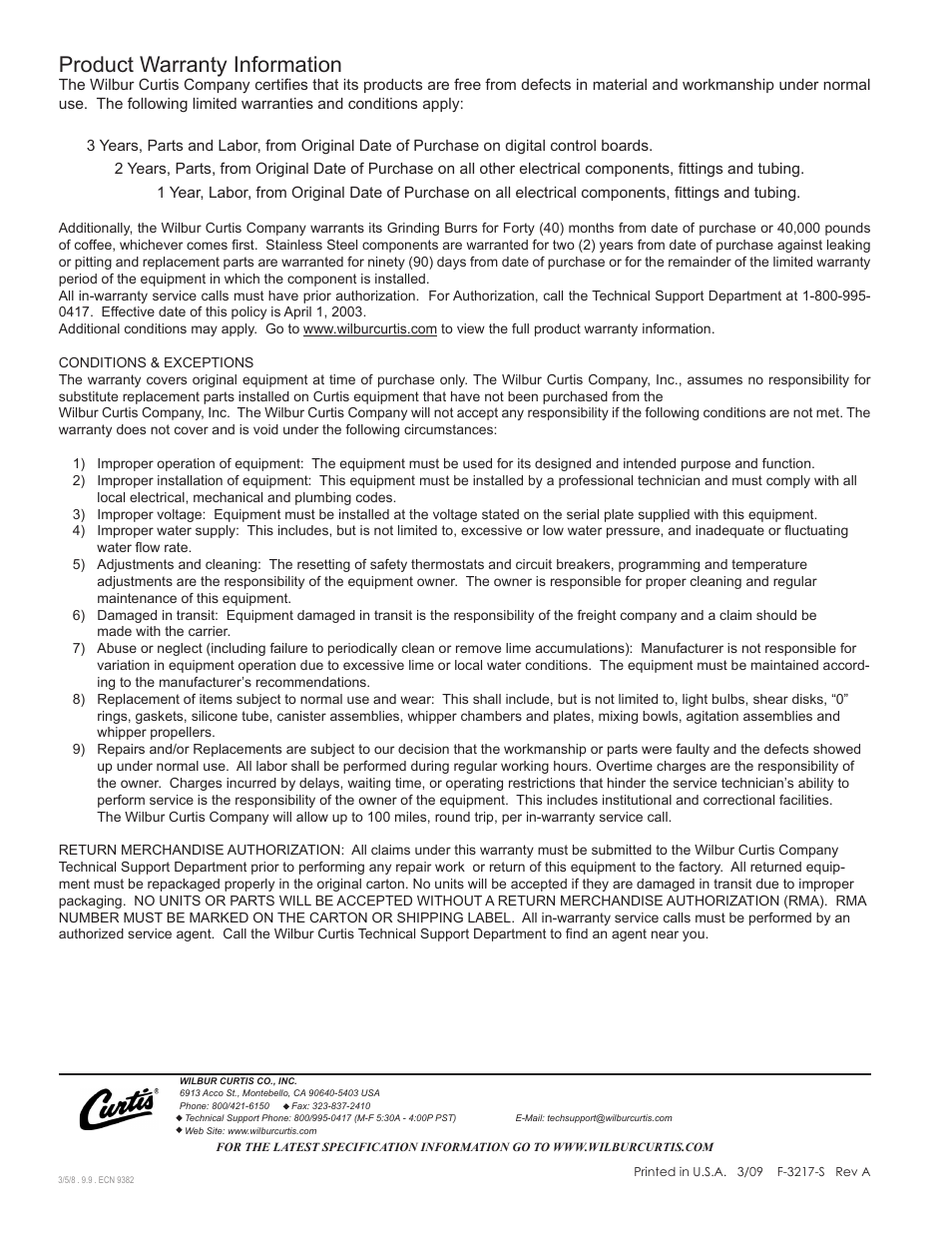 Product warranty information | Wilbur Curtis SLG User Manual | Page 6 / 6