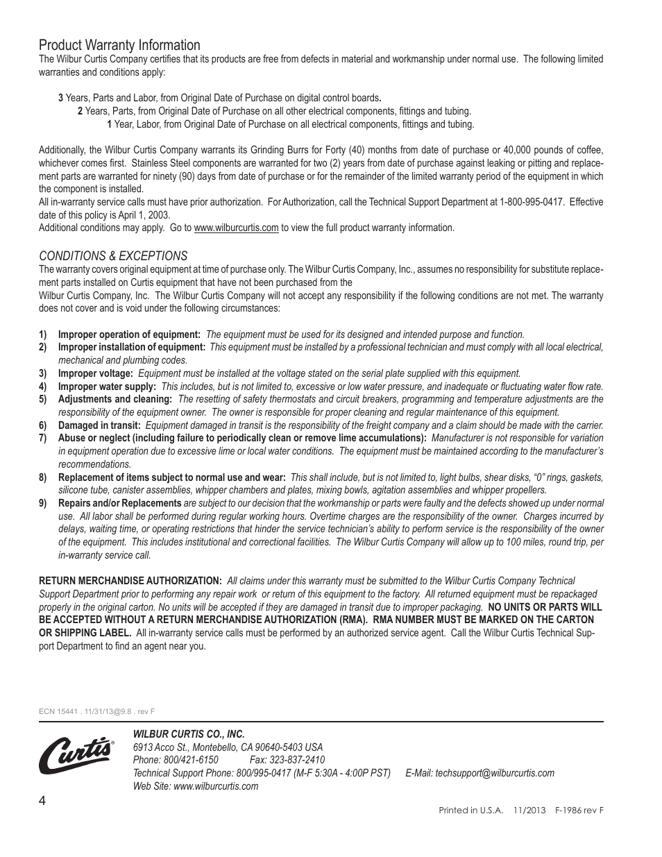 Product warranty information | Wilbur Curtis SW-1 User Manual | Page 4 / 4