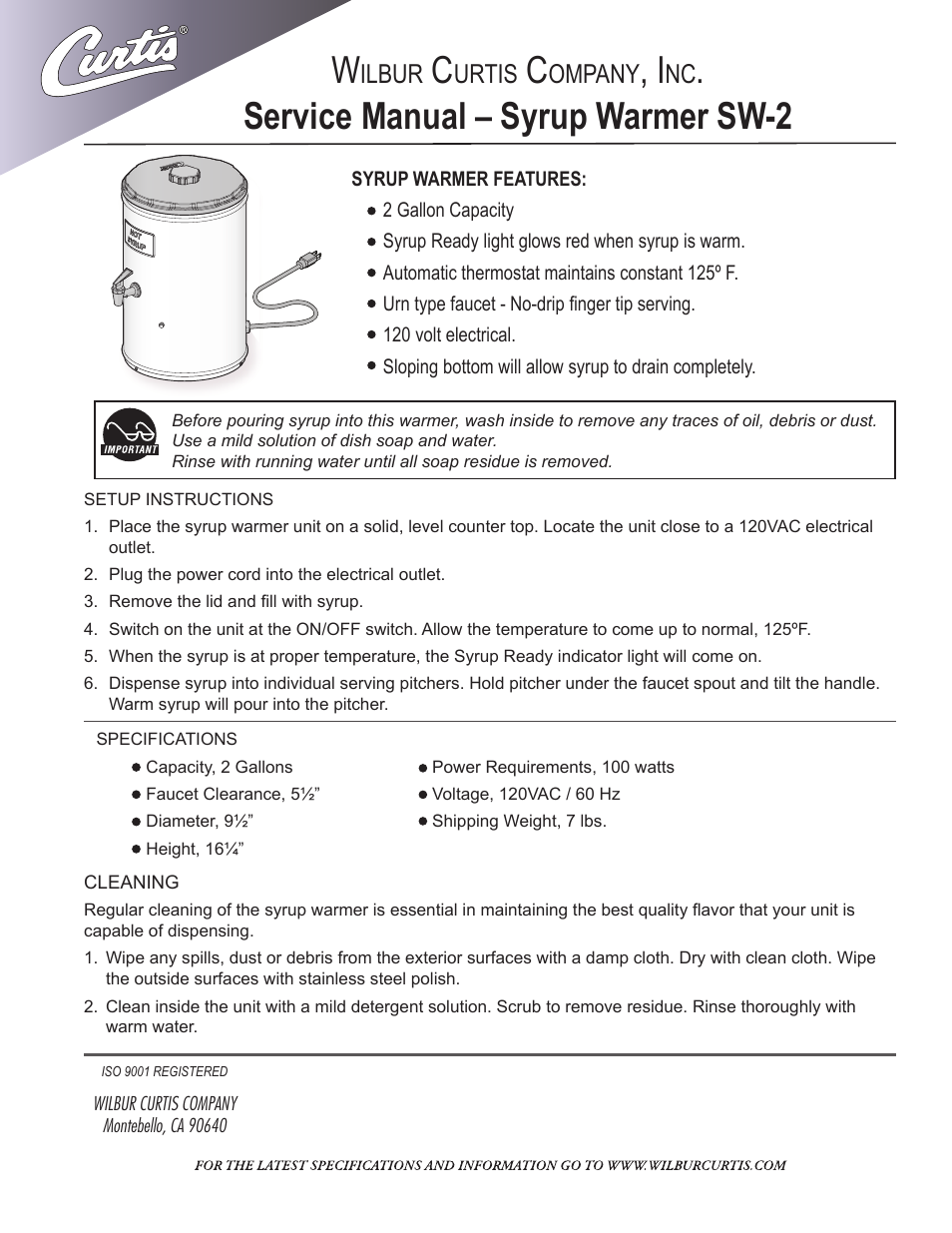 Wilbur Curtis SW-2 User Manual | 4 pages