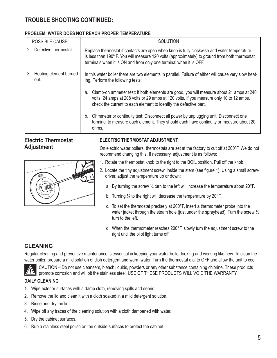 Trouble shooting continued, Electric thermostat adjustment | Wilbur Curtis WB-14-60 User Manual | Page 5 / 8