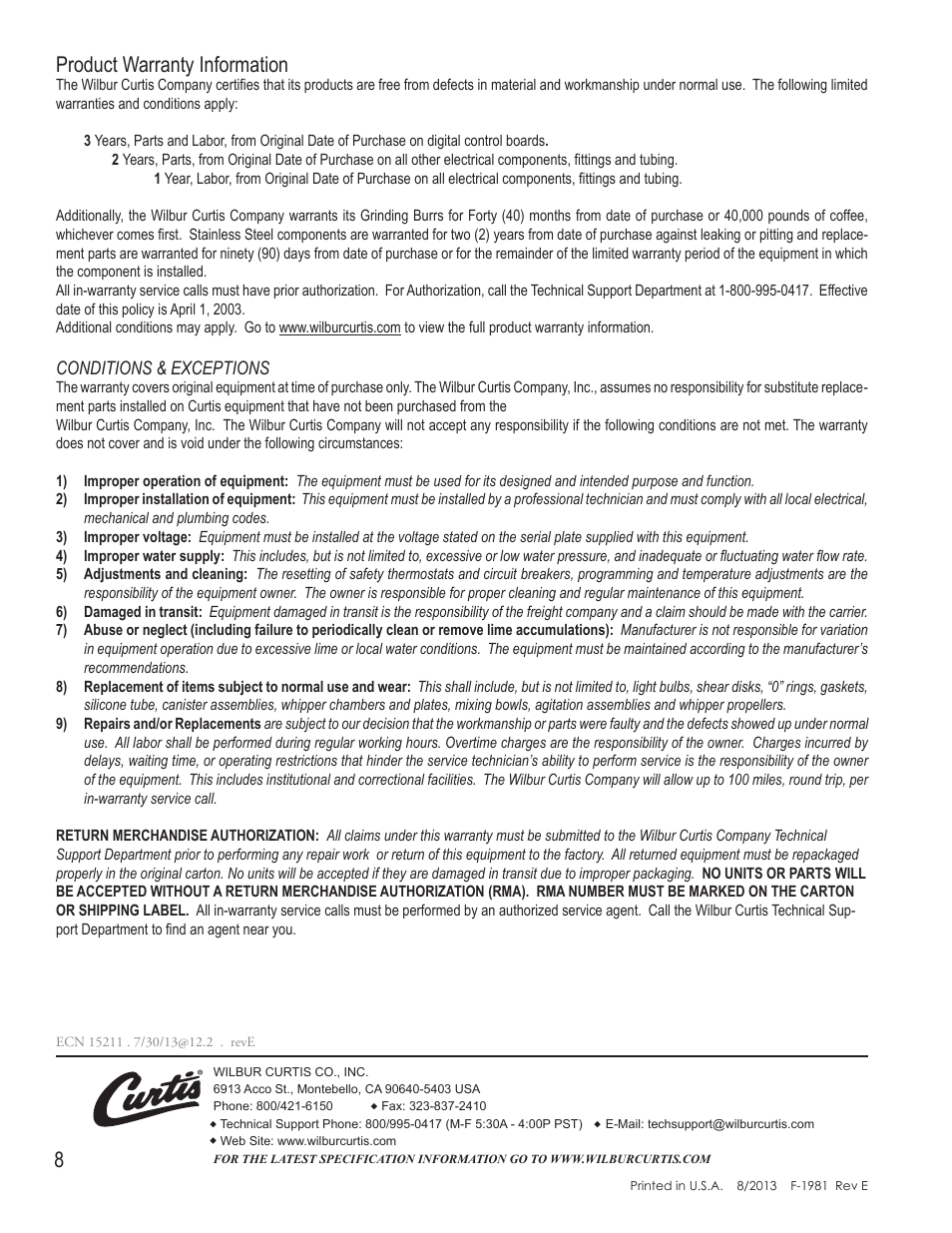 Product warranty information | Wilbur Curtis WB-14-60 User Manual | Page 8 / 8