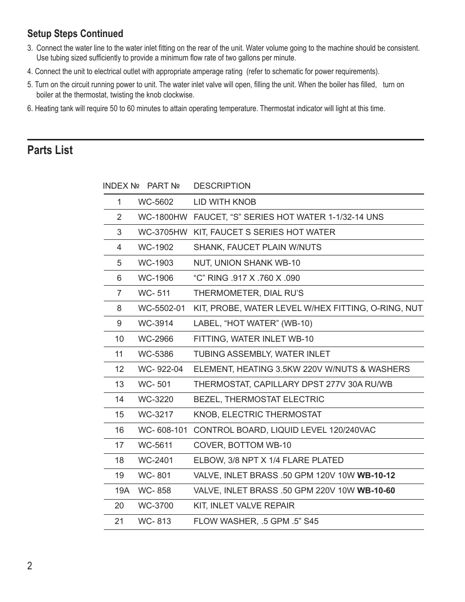 Parts list | Wilbur Curtis WB-10-60 User Manual | Page 2 / 8