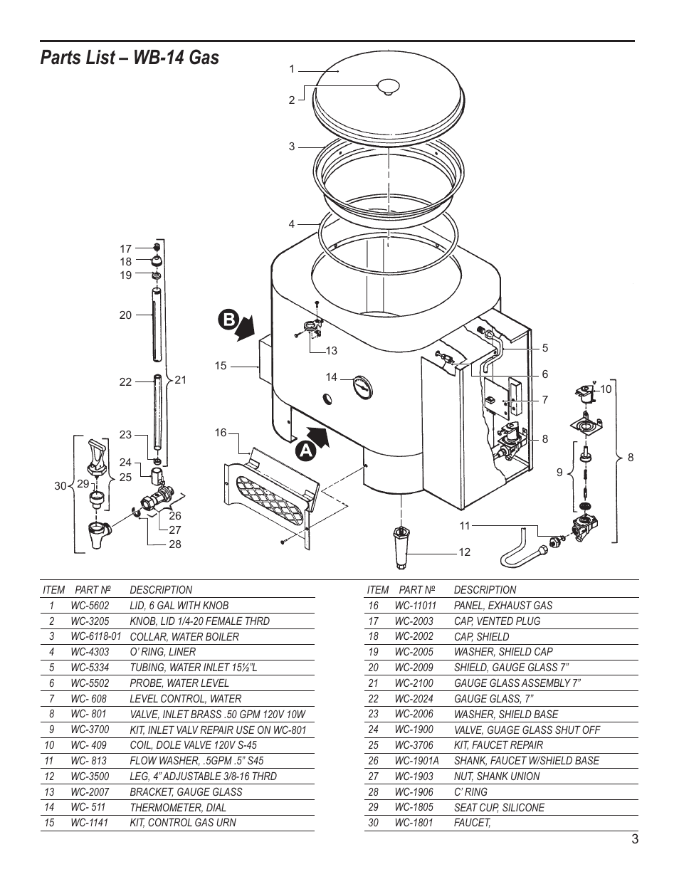 Parts list – wb-14 gas | Wilbur Curtis WB-14-11 User Manual | Page 3 / 6