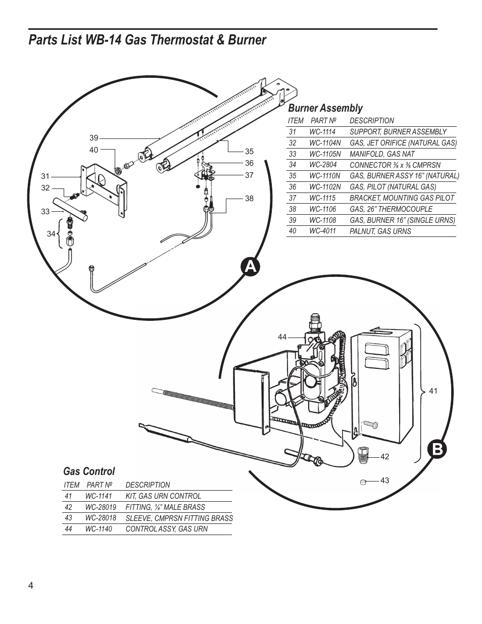 Parts list wb-14 gas thermostat & burner, Gas control burner assembly | Wilbur Curtis WB-14-11 User Manual | Page 4 / 6