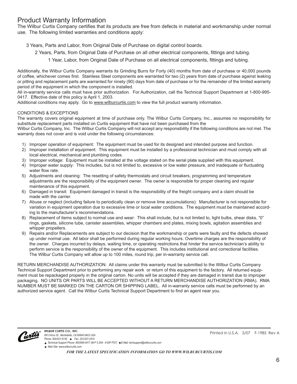 Product warranty information | Wilbur Curtis WB-14-11 User Manual | Page 6 / 6