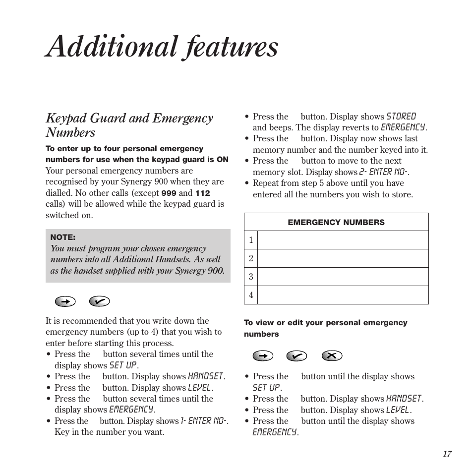 Additional features, Keypad guard and emergency numbers | BT 900 User Manual | Page 20 / 42