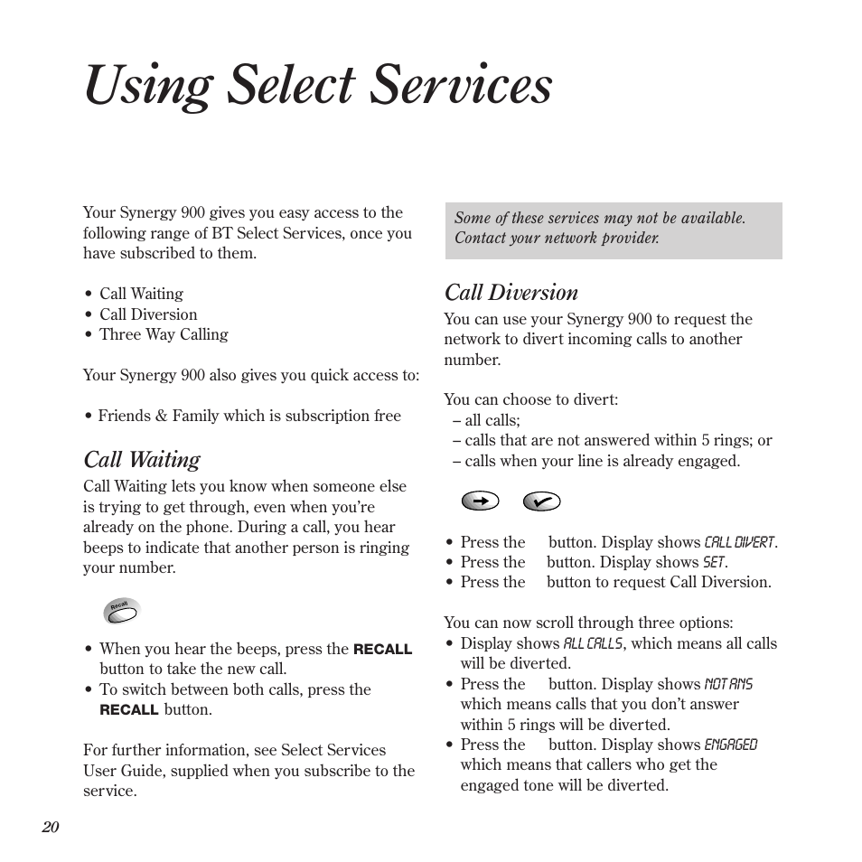 Using select services, Call diversion, Call waiting | BT 900 User Manual | Page 23 / 42