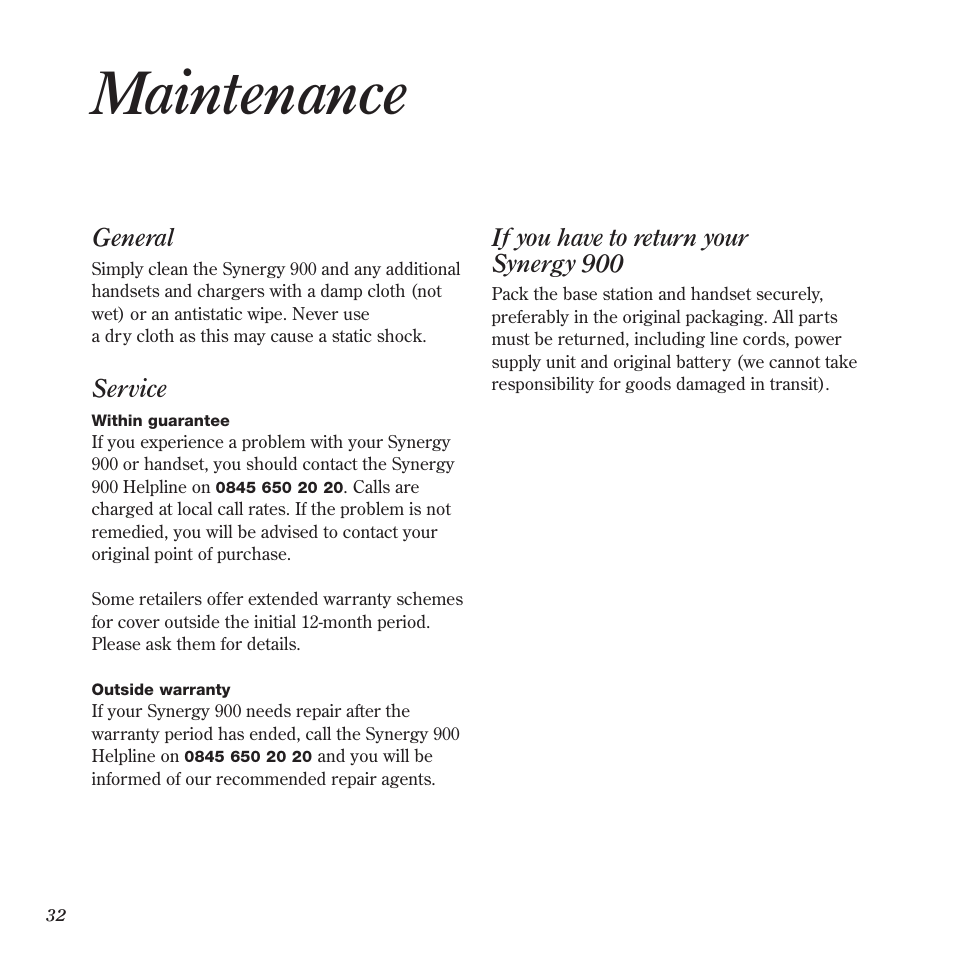 Maintenance, General, Service | If you have to return your synergy 900 | BT 900 User Manual | Page 35 / 42