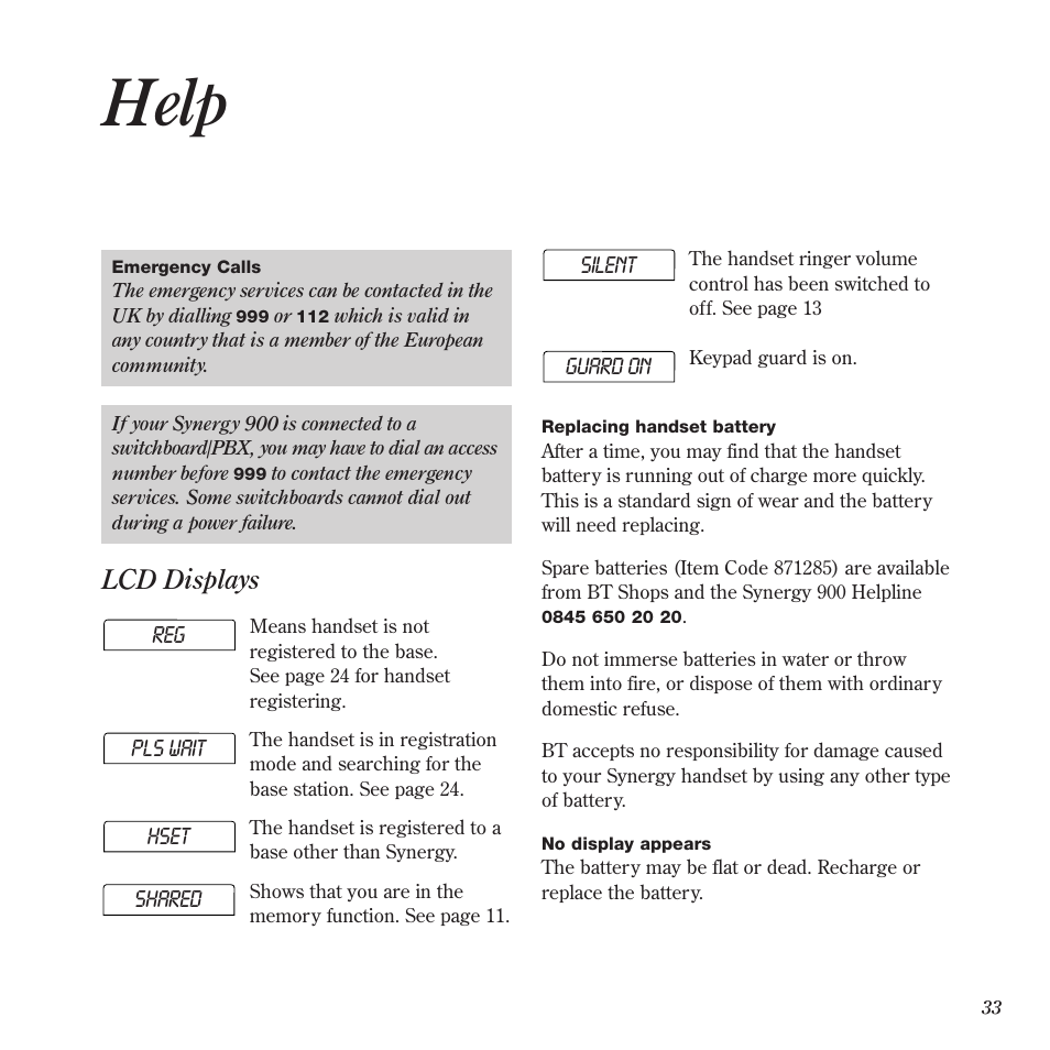 Help, Lcd displays | BT 900 User Manual | Page 36 / 42