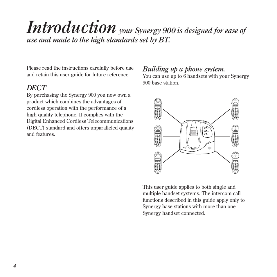 Introduction, Dect, Building up a phone system | Power in use charging, A b c, D e f, J k l, M n o, T u v, W x y z | BT 900 User Manual | Page 7 / 42
