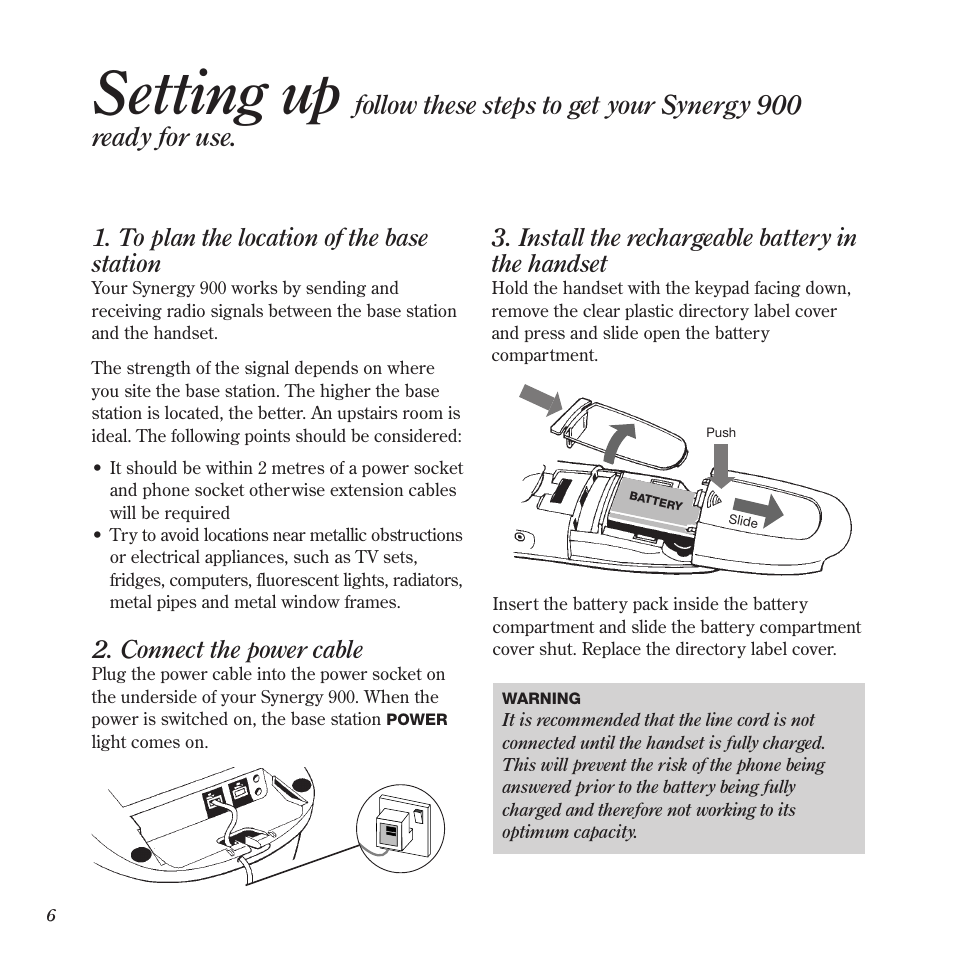 Setting up, Connect the power cable, Install the rechargeable battery in the handset | BT 900 User Manual | Page 9 / 42