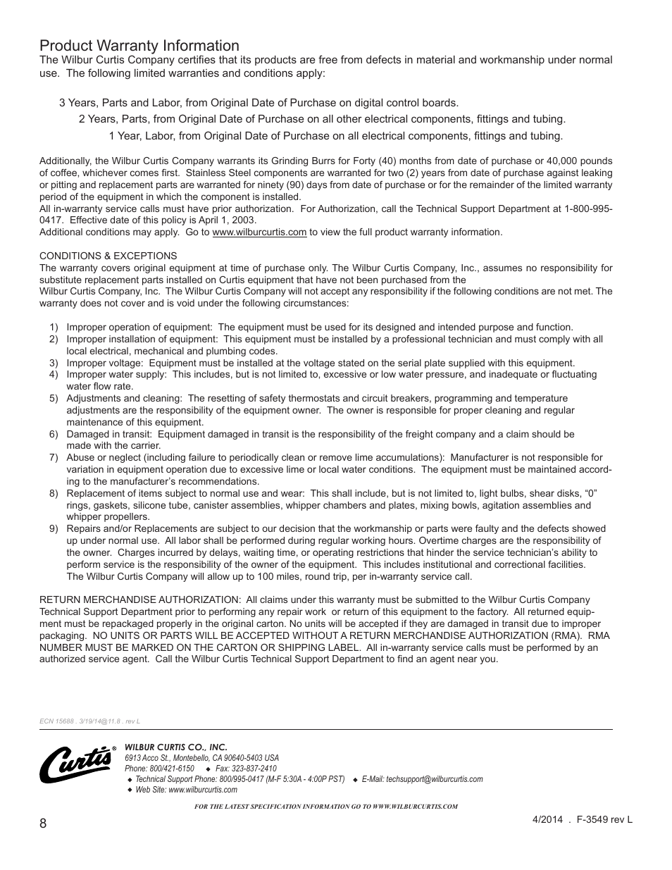 Product warranty information | Wilbur Curtis WB5GT User Manual | Page 8 / 8