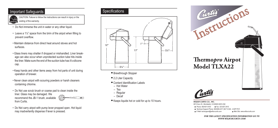 Wilbur Curtis TLXA2206 User Manual | 2 pages