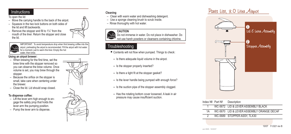 Instructions, Troubleshooting | Wilbur Curtis TLXA30 User Manual | Page 2 / 2