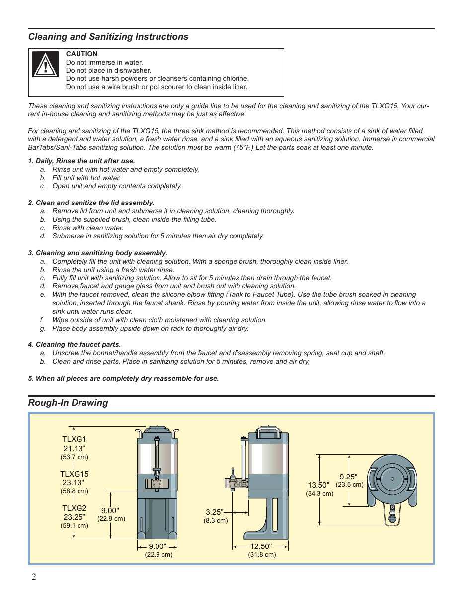 Cleaning and sanitizing instructions, Rough-in drawing 2 | Wilbur Curtis TLXG2 User Manual | Page 2 / 4