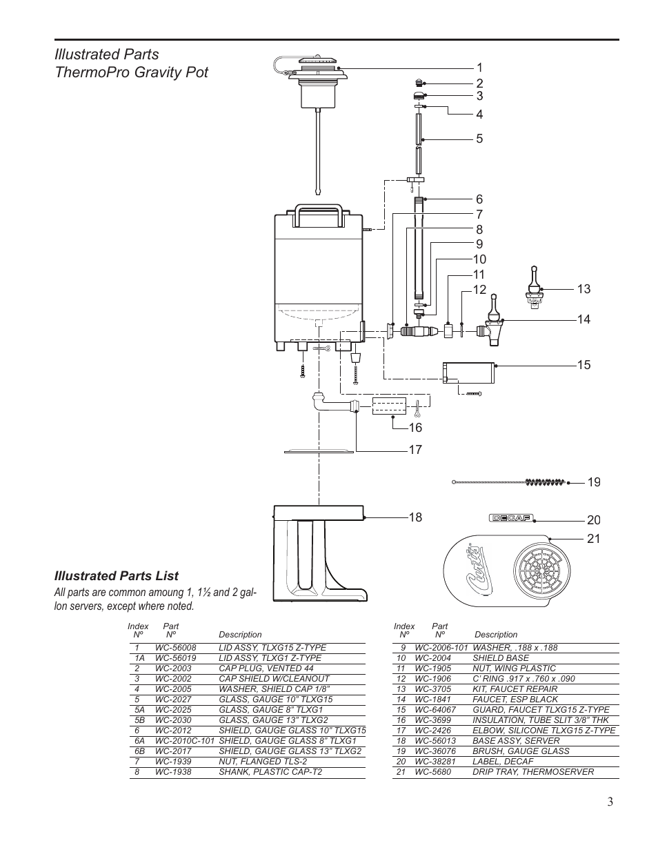 Illustrated parts thermopro gravity pot, Illustrated parts list | Wilbur Curtis TLXG2 User Manual | Page 3 / 4
