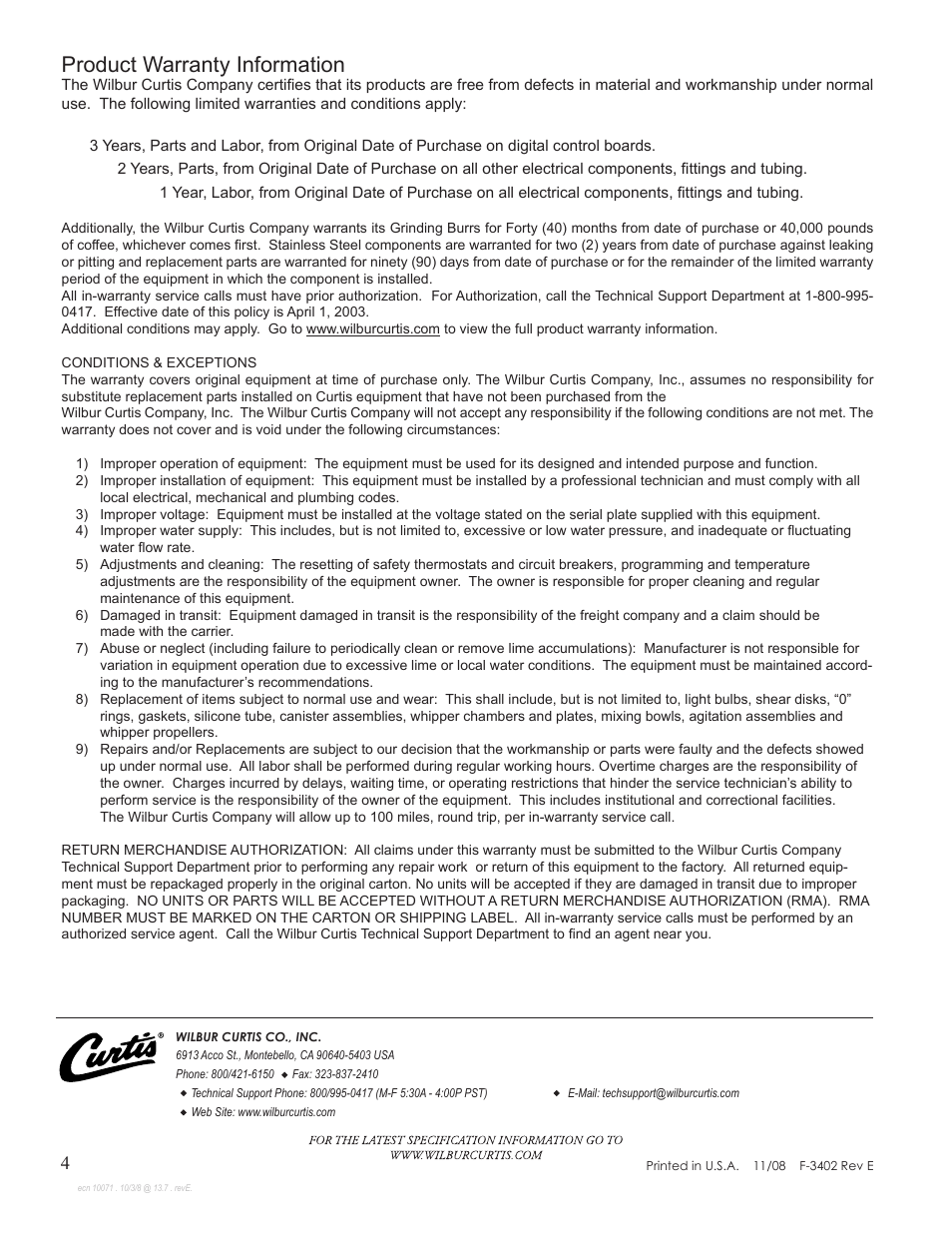 Product warranty information | Wilbur Curtis TLXG2 User Manual | Page 4 / 4