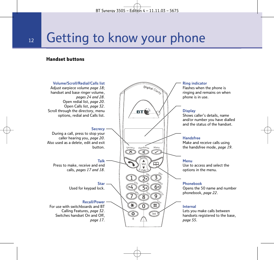 Getting to know your phone, Handset buttons | BT 3505 User Manual | Page 12 / 72