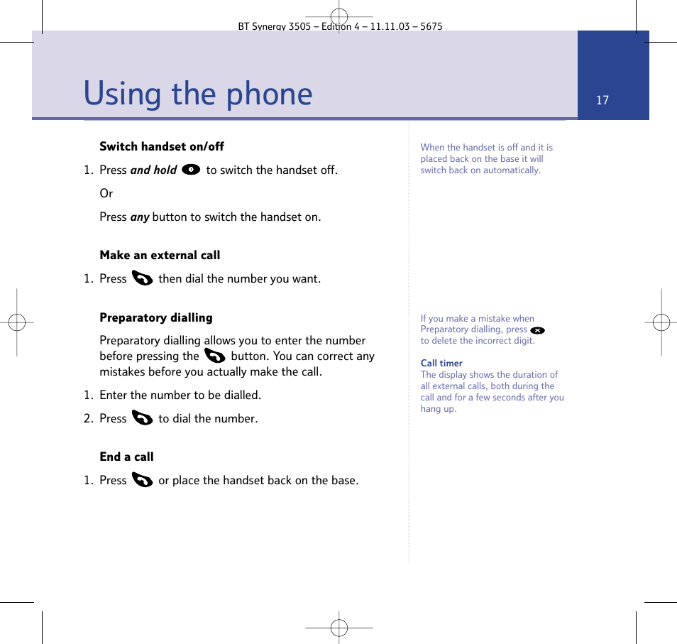 Using the phone | BT 3505 User Manual | Page 17 / 72