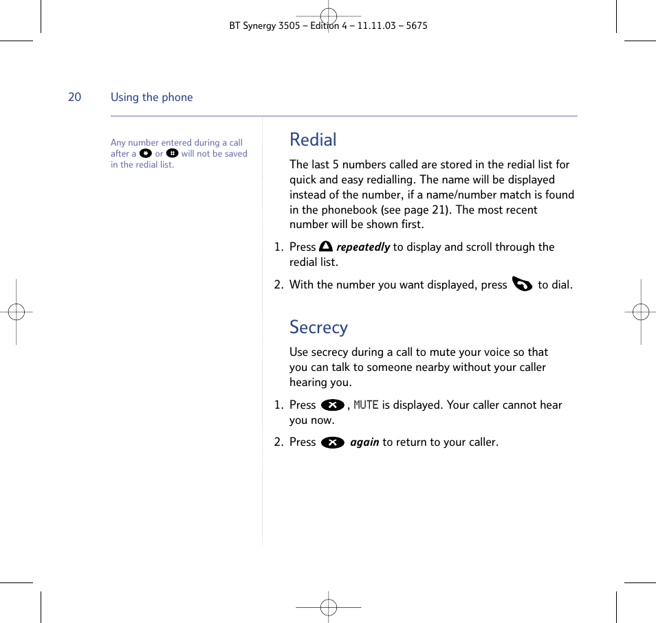Redial, Secrecy | BT 3505 User Manual | Page 20 / 72
