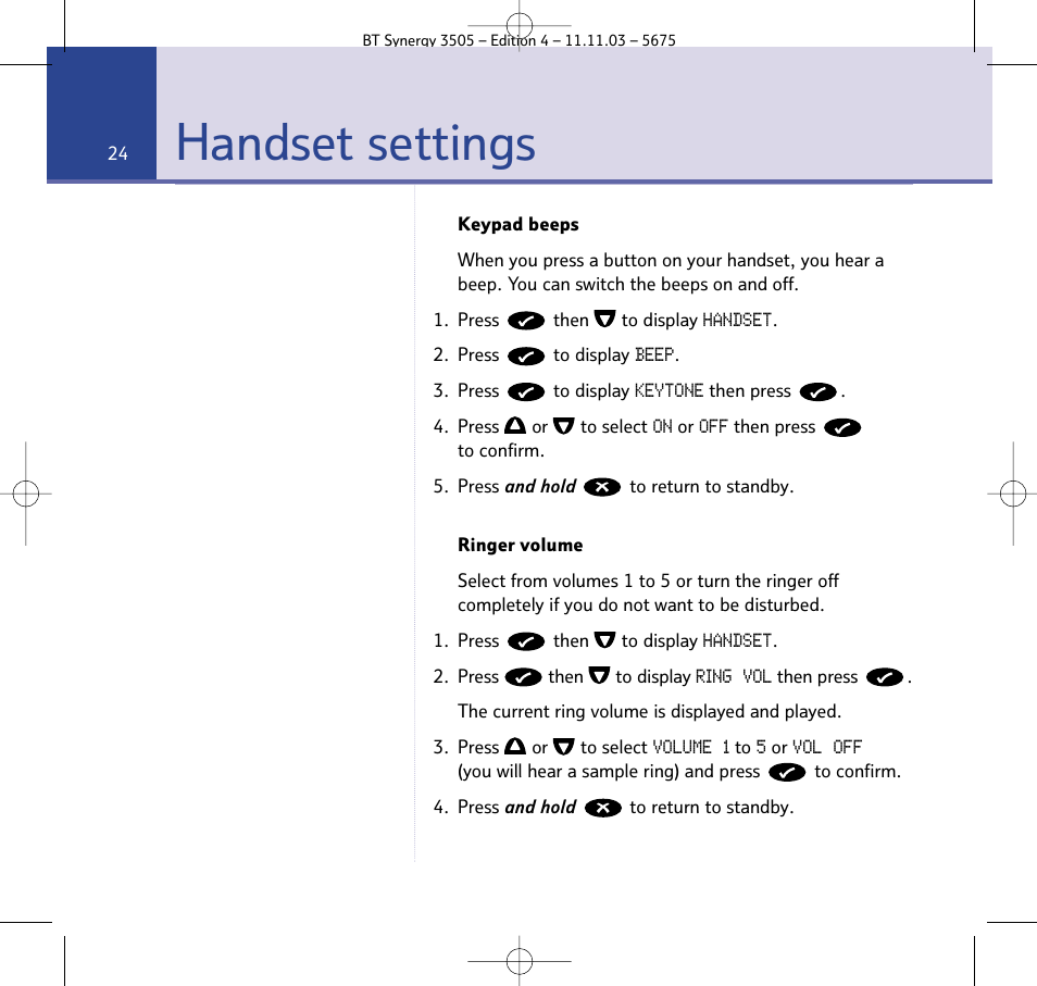 Handset settings | BT 3505 User Manual | Page 24 / 72