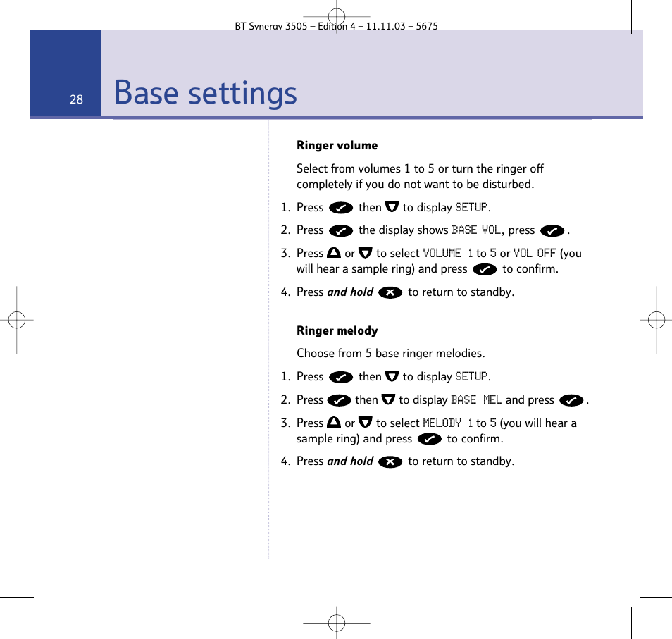 Base settings | BT 3505 User Manual | Page 28 / 72