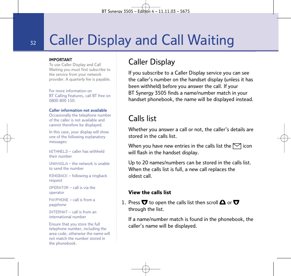 Caller display and call waiting, Caller display, Calls list | BT 3505 User Manual | Page 32 / 72