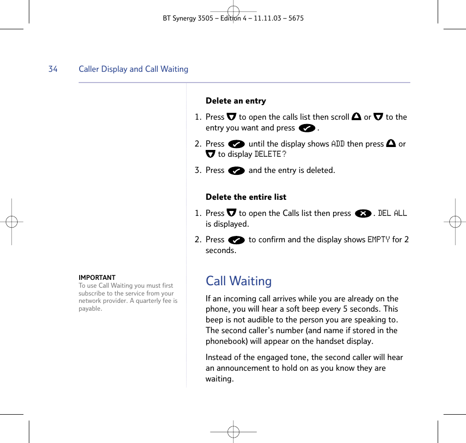 Call waiting | BT 3505 User Manual | Page 34 / 72