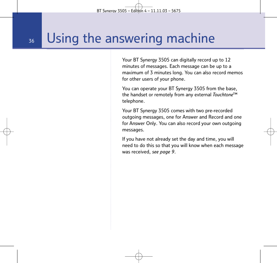 Using the answering machine | BT 3505 User Manual | Page 36 / 72