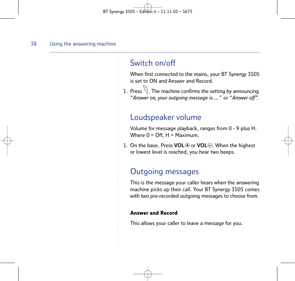 Switch on/off, Loudspeaker volume, Outgoing messages | BT 3505 User Manual | Page 38 / 72