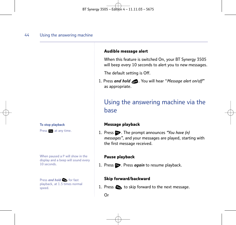 Using the answering machine via the base | BT 3505 User Manual | Page 44 / 72